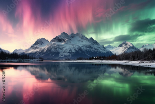 Nature view with snowy mountains and beautiful colorful aurora and stars reflected on the water surface. Landscape concept suitable for nature and night scenes.