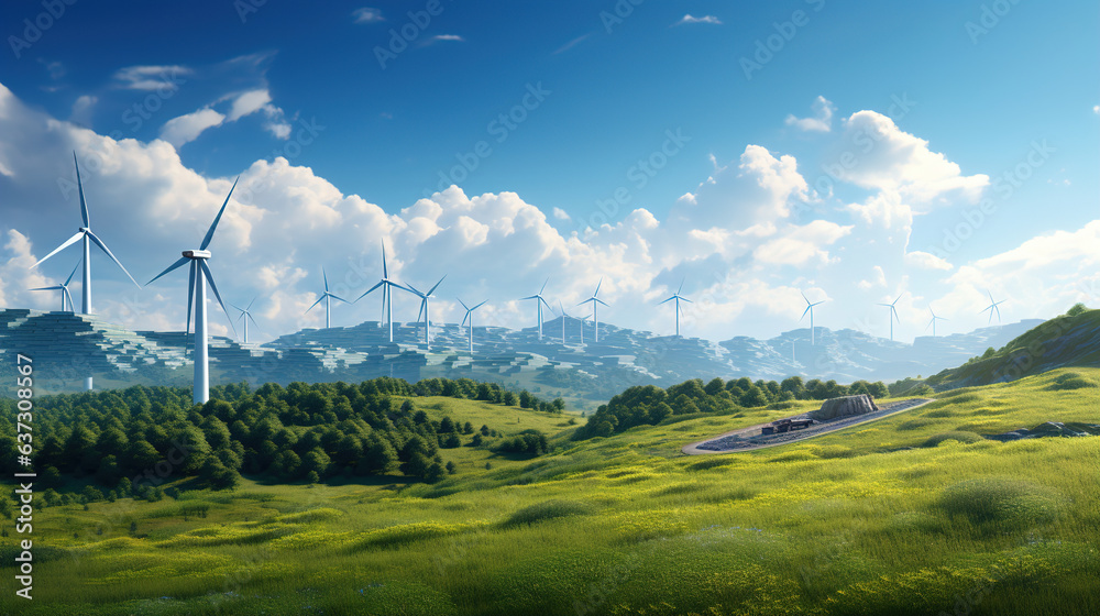 a field with wind turbines. Generative Ai a field with wind turbines. Generative Ai