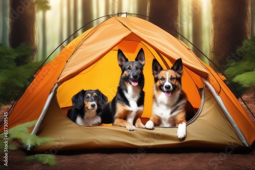 dogs camping in the tent in forest