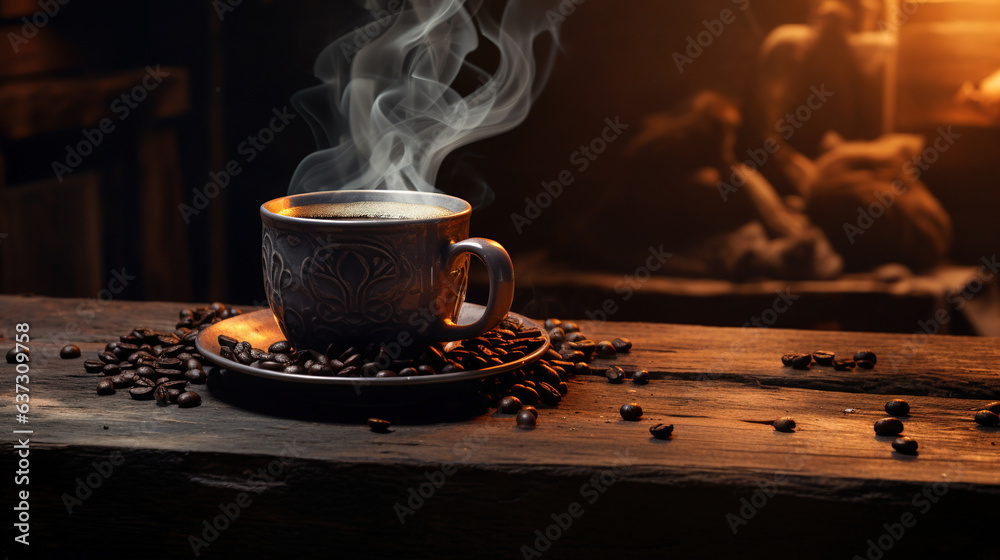 Fototapeta premium Cup of coffee on a wooden table. Generative Ai
