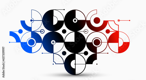 Abstract vector Bauhaus geometric background, tech engineering look like shapes and lines composition, mechanical engine industry style, red black and blue.