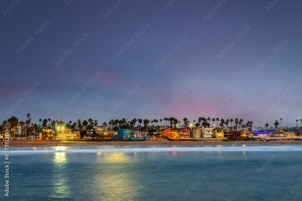 Colorful houses at night on Imperial beach in San Diego, California