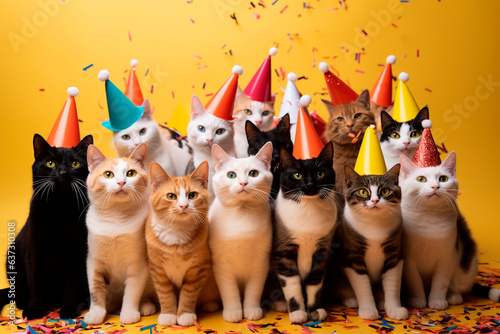 Group of cats celebrating a birthday on yellow background