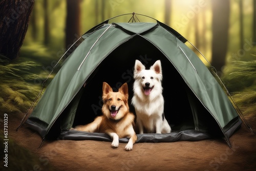 dogs camping in the tent in forest