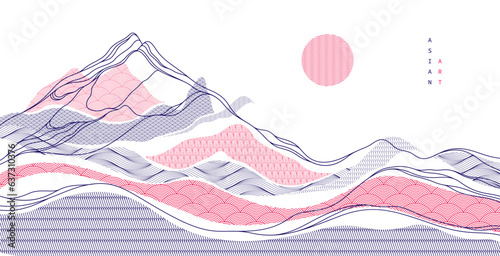 Abstract oriental Japanese art vector background, traditional style design, wavy shapes and mountains terrain landscape, runny like sea lines.