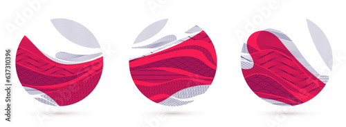 Abstract oriental Japanese art vector backgrounds set in red color in shape of circle, traditional style design, wavy shapes and mountains terrain landscape, runny like sea lines.