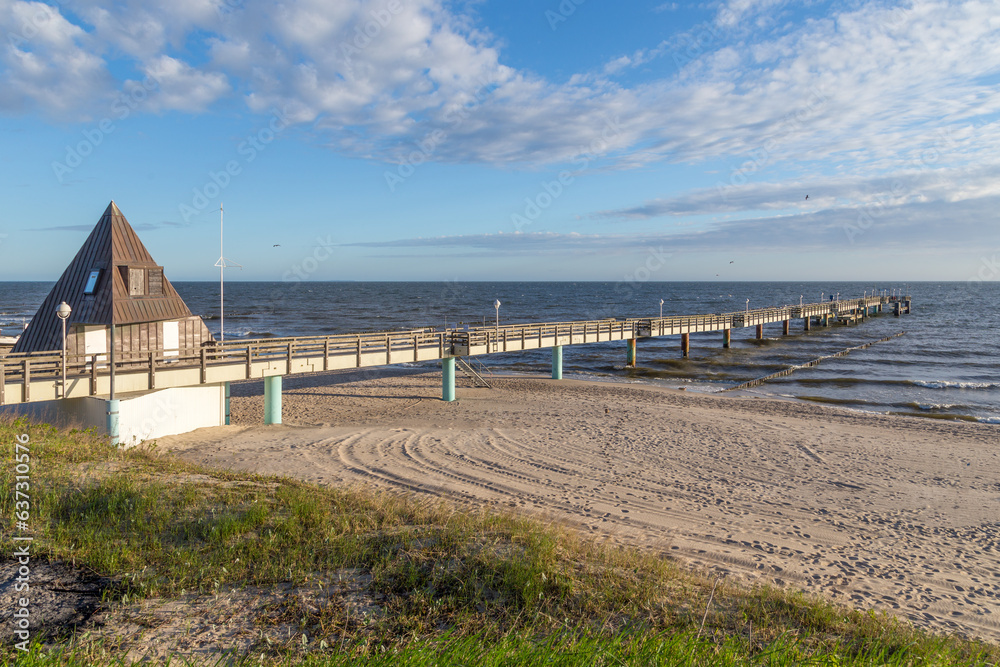 beautiful pier at the baltic sea in Ahlbeck Heringsdorf with empty beach in Usedom