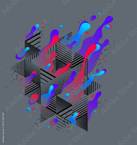 Fluids colorful liquid shapes in motion with geometric lines vector abstract graphic design element, dynamic modern art flowing and changing forms, gradients lava bubbles.