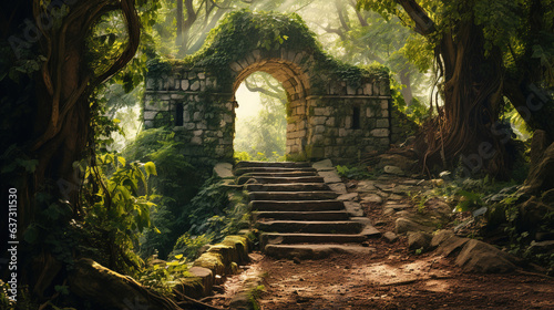 Stone archway in the middle of a forest. Generative Ai