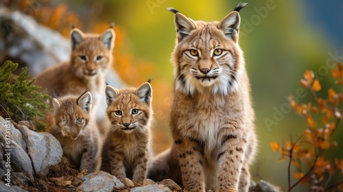 lynx mother with cubs in natural habitat