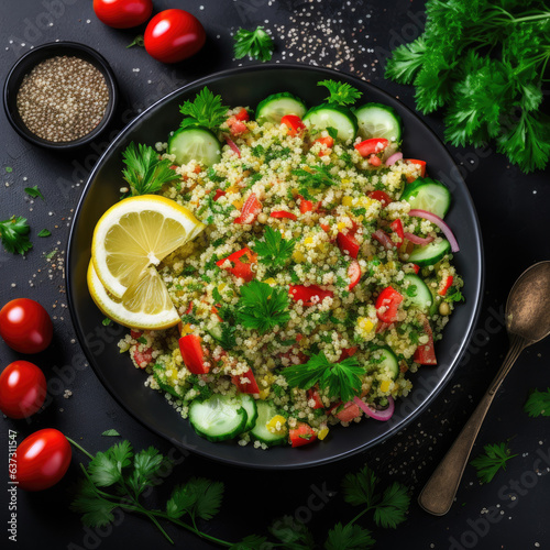 Tabbouleh salad with quinoa and cherry tomatoes, red paprika, avocado, cucumbers, onion, parsley. Middle Eastern and Arabic dish. Black table background, top view.