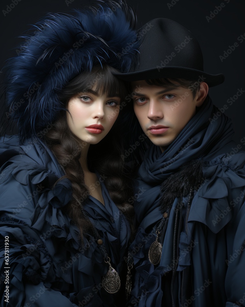 Glamor fashion in blue fur clothes, model girl and man in jacket and hat. Made in AI Glamor fashion in blue fur clothes, model girl and man in jacket and hat. Made in AI