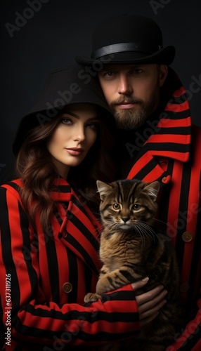 Glamorous fashion in rich furs, model couple in winter coat and hat, red and black clothes. Made in AI