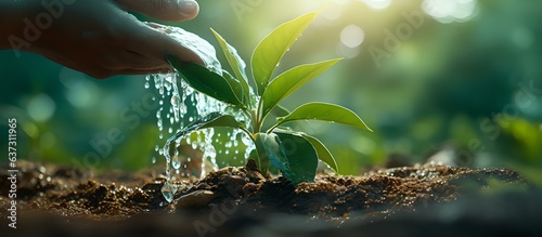 Zarte Fürsorge: Hand gießt kleine Pflanze mit Wasser