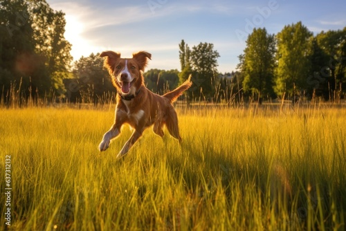 dog catching frisbee in sunlit grassy field