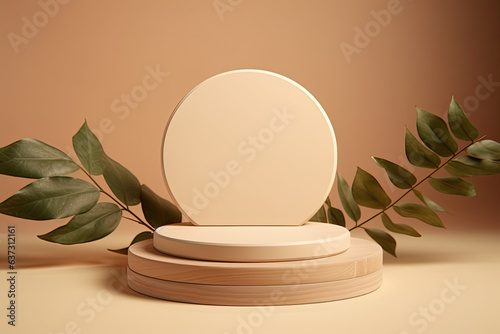 cream aestetic podium with leaves for product placement photo