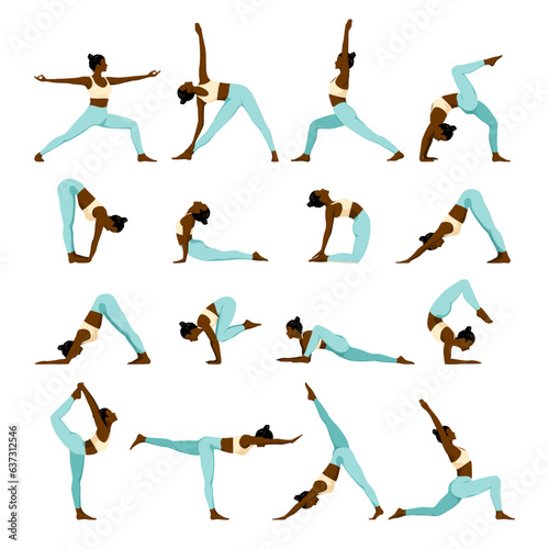 Set of slim sportive young woman with dark skin doing yoga and fitness exercises
