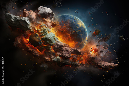 Asteroids crashing with the Earth. Conceptual illustration.