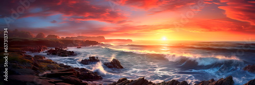 coastal landscape, showcasing a rugged shoreline, crashing waves, and the ethereal colors of a sun setting over the horizon.