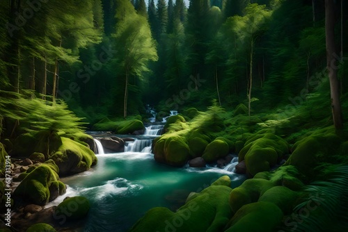 A photorealistic image of a lush green forest  with tall trees and a winding river