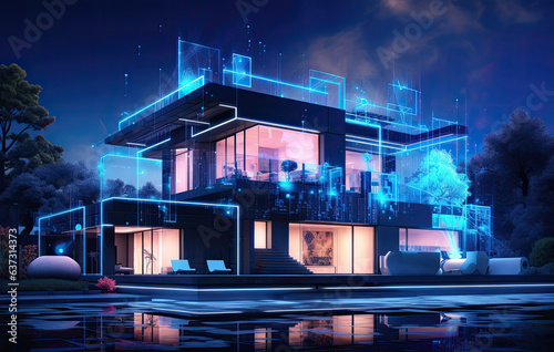 Futuristic home with blue hologram 
