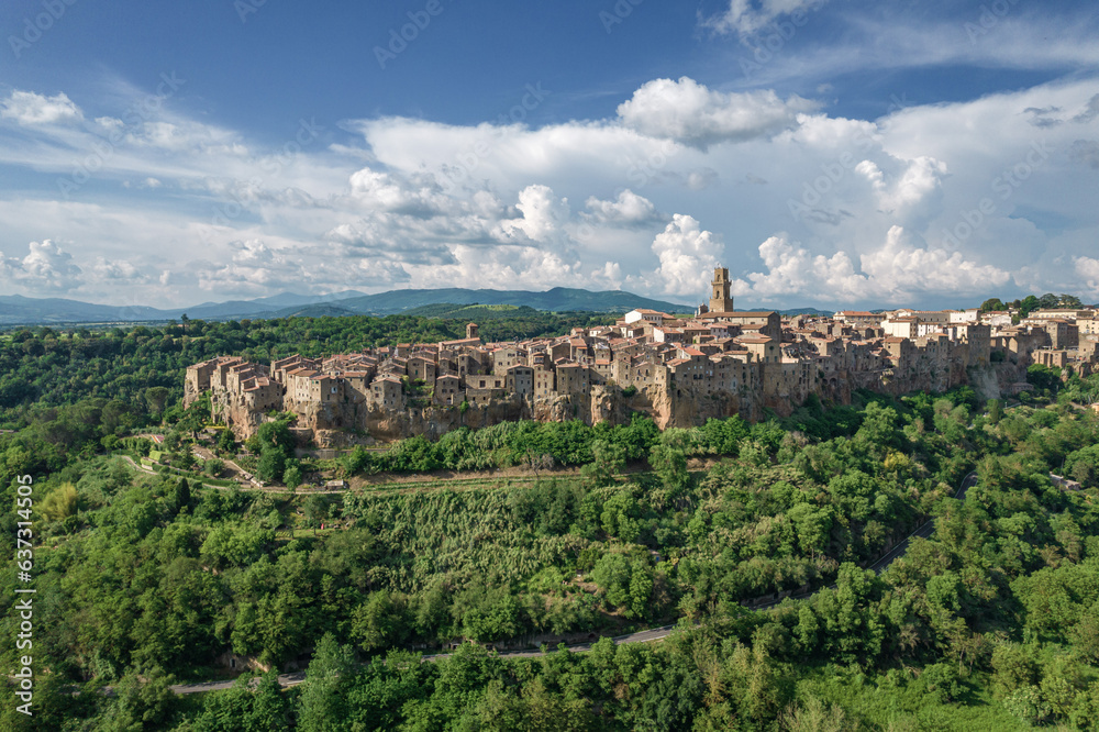 Aerial view of Italian medieval city, Pitigliano in the province of Grosseto in southern Tuscany, Italy