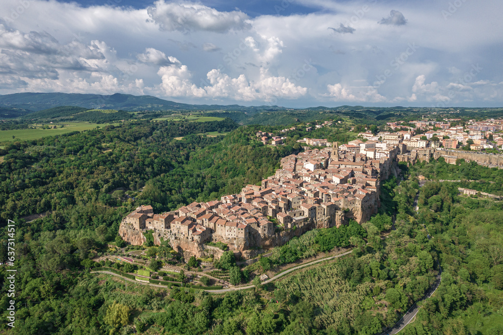 Aerial view of Italian medieval city, Pitigliano in the province of Grosseto in southern Tuscany, Italy