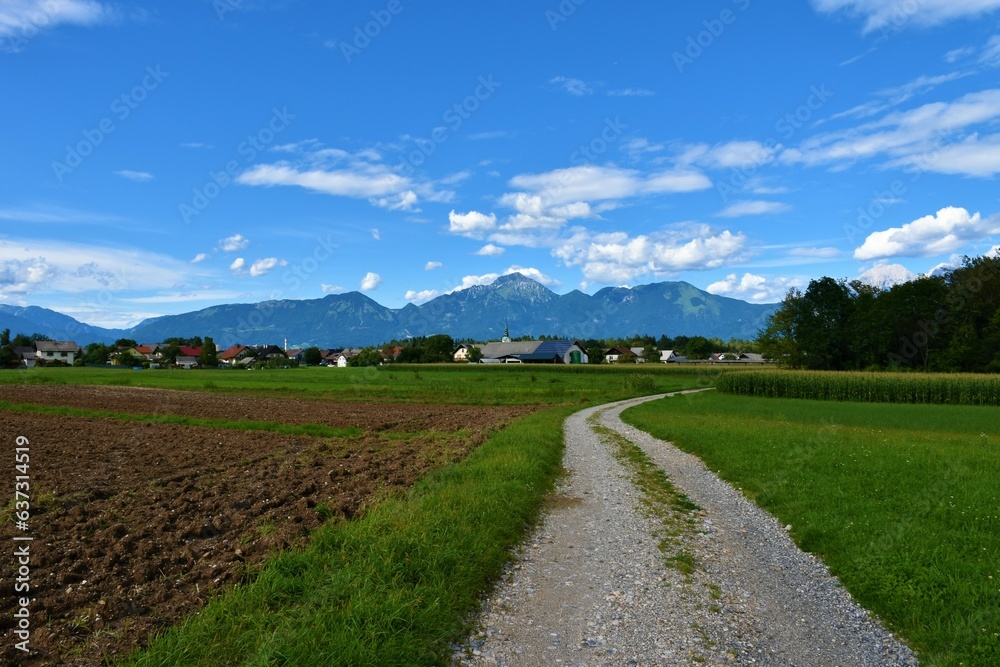 Road leading to a village at Sorsko polje and mountain Storzic behind in Gorenjska, Slovenia