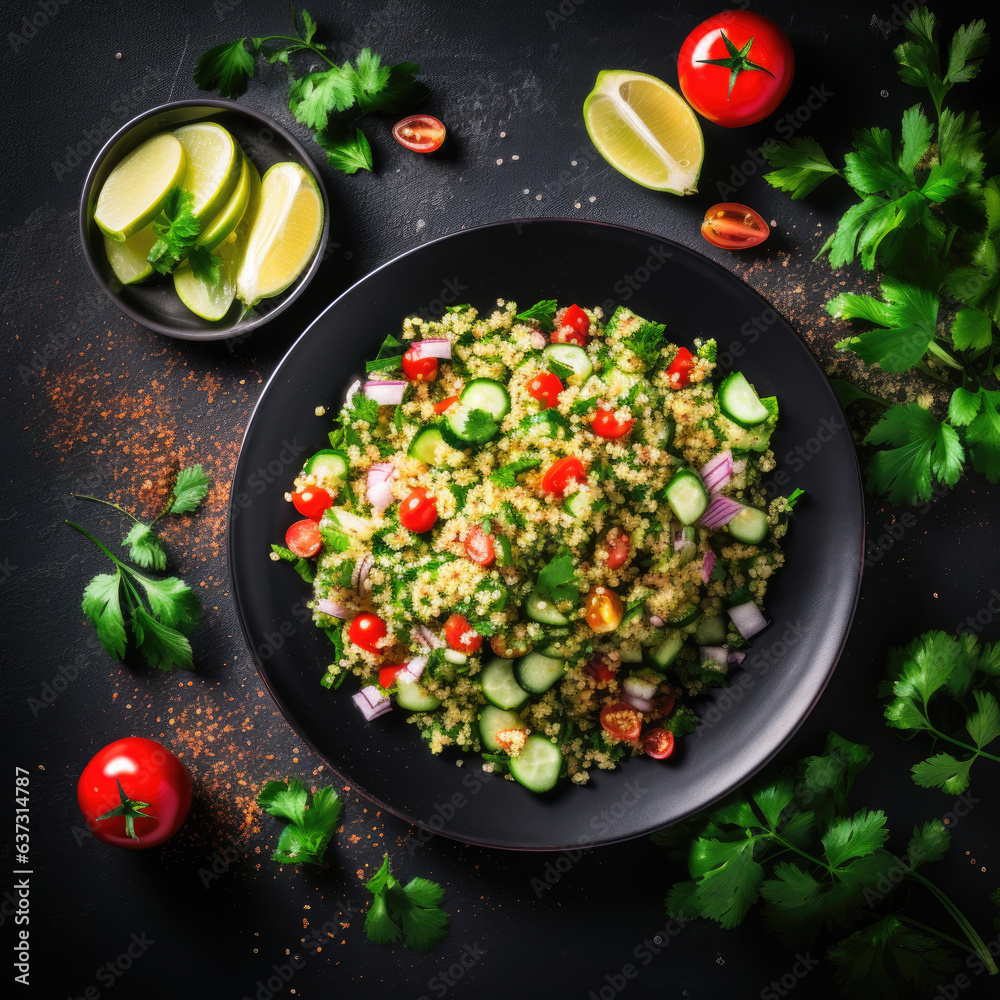 Tabbouleh salad with quinoa and cherry tomatoes, red paprika, avocado, cucumbers, onion, parsley. Middle Eastern and Arabic dish. Black table background, top view. Tabbouleh salad with quinoa and cherry tomatoes, red paprika, avocado, cucumbers, onion, parsley. Middle Eastern and Arabic dish. Black table background, top view.