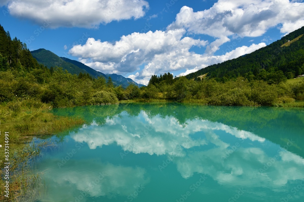 Lake at Zelenci the spring of Sava Dolinka with a reflection in the water near Kranjska Gora in Gorenjska, Slovenia