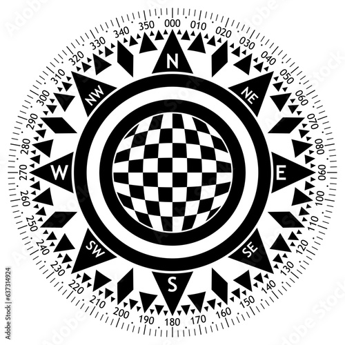 Kompassrose-Vektor mit acht Windrichtungen und 360 Grad Skala.
Windrose mit abstrakten Schachbrettmuster Kugel in der Mitte.
 Symbol für die Marine-, Schifffahrts- oder Trekking-Navigation.