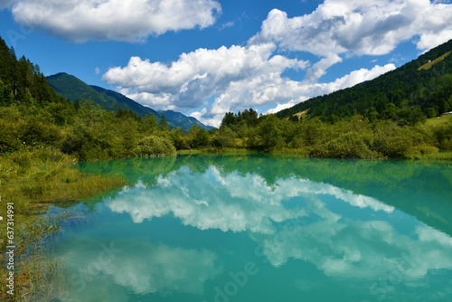 Lake at Zelenci the spring of Sava Dolinka with a reflection in the water near Kranjska Gora in Gorenjska, Slovenia