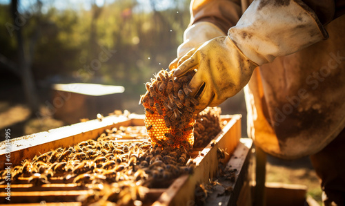 beekeeper holding a honeycomb full of bees. Beekeeper inspecting honeycomb frame at apiary. Beekeeping  ,Beekeeper working collect honey © suthiwan