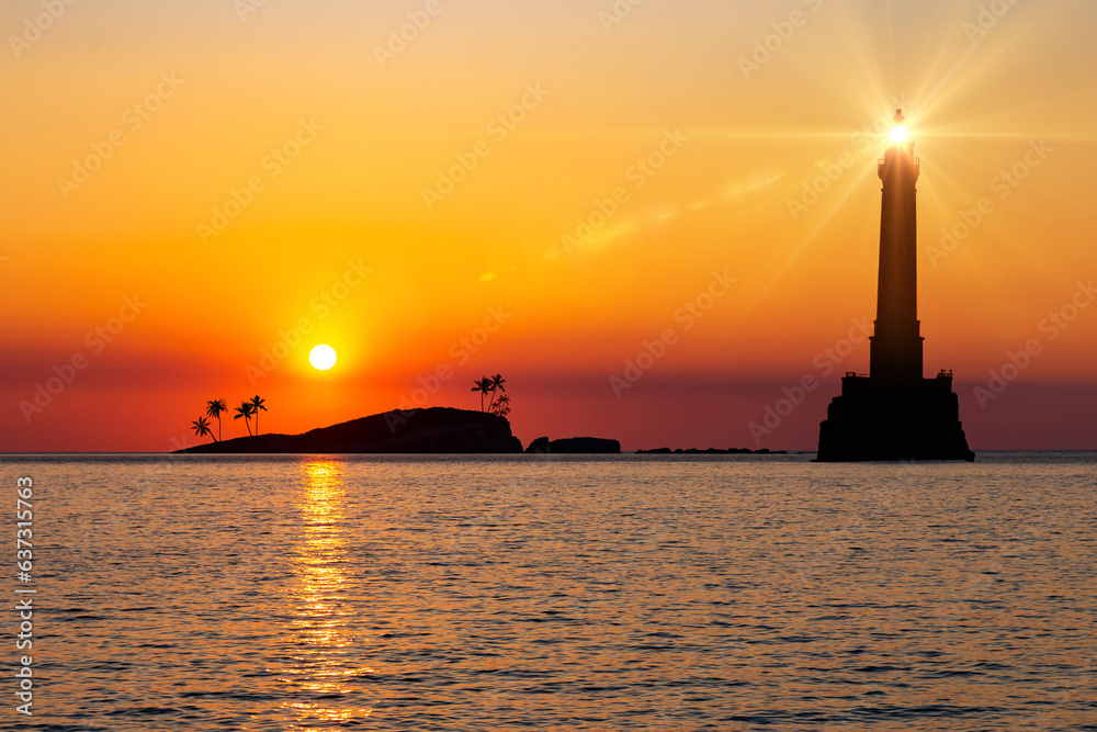 Lighthouse during sunset on the sea coast