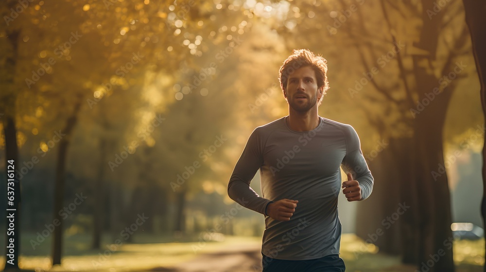 A sporty man running in the park in the morning. A sporty man running in the park in the morning.