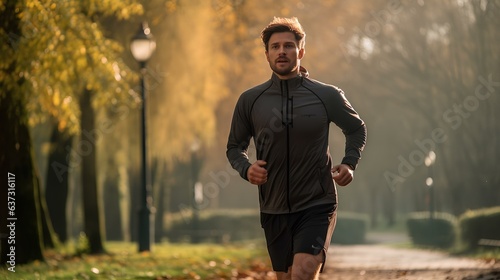 A sporty man running in the park in the morning.