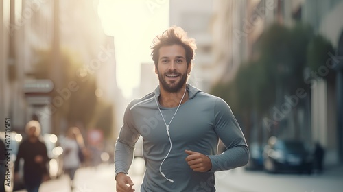 A sporty man running around the city in the morning.