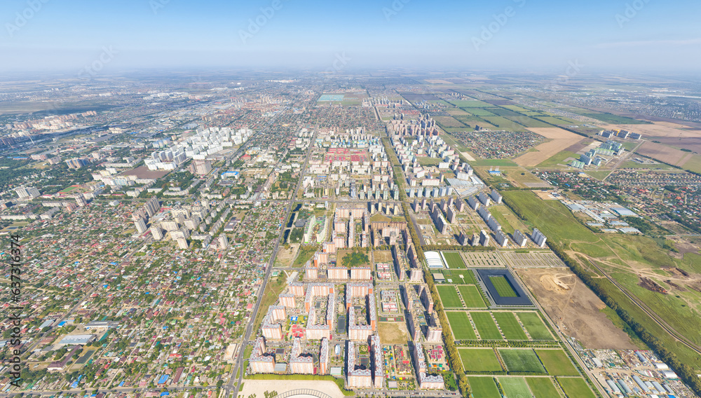 Krasnodar, Russia. Panorama of the city in summer. Park in the city of Krasnodar. Football grounds. Aerial view.