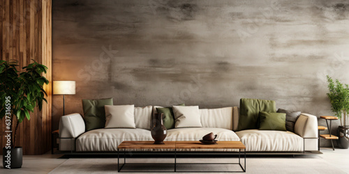 Spacious Living Room with Concrete Wall Background: A photo of a spacious living room with a concrete wall background, perfect for those who want a comfortable and inviting space.