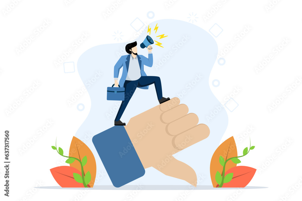 Obraz premium negative feedback concept, discrediting or blaming others, intimidating and despairing, fake news or bad businessman with megaphone discrediting and blaming others with thumbs down symbol.
