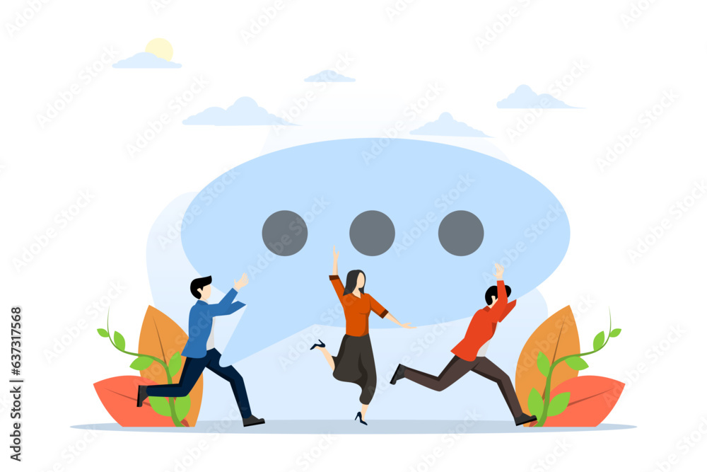 concept of team discussion, community or social feedback, dialogue or communication announcement, businessman and businessman team members help present big speech bubble with copy space.