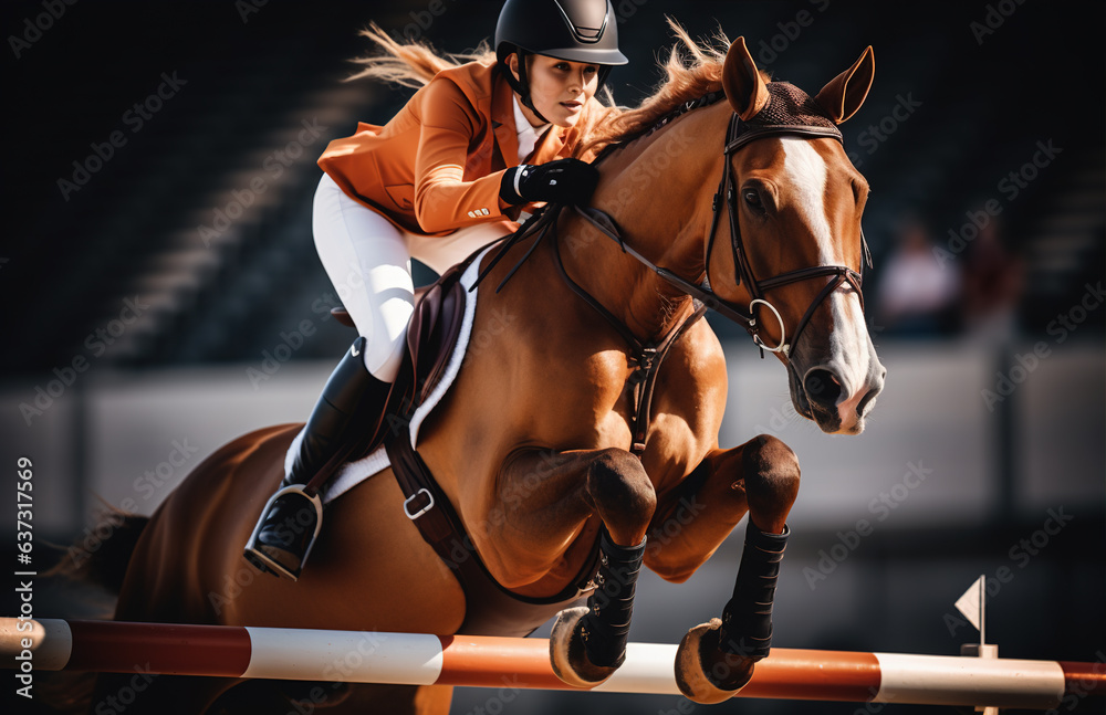 Fototapeta premium a professional equestrian on a horse jumping over a hurdle