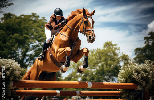 a professional equestrian on a horse jumping over a hurdle