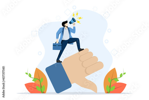 negative feedback concept, discrediting or blaming others, intimidating and despairing, fake news or bad businessman with megaphone discrediting and blaming others with thumbs down symbol.