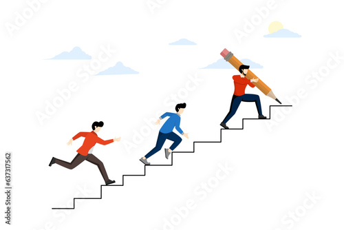 leader concept to guide team achieve success, develop career path or improvement plan, growth or progress, leader drawing businessman ladder with pencil to lead team walk towards target.