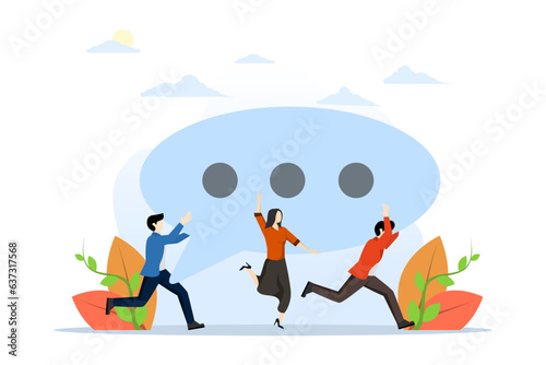 concept of team discussion  community or social feedback  dialogue or communication announcement  businessman and businessman team members help present big speech bubble with copy space.