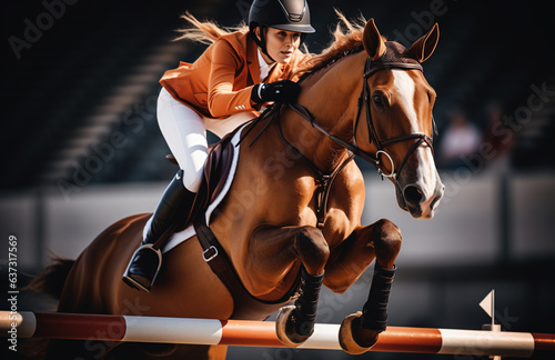 a professional equestrian on a horse jumping over a hurdle © siripimon2525