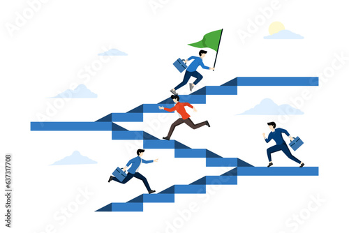 career path or progress concept, growth ladder to success, job promotion or competition, aspiration or motivation to succeed, business people climbing ladder to next level all the way to the top.