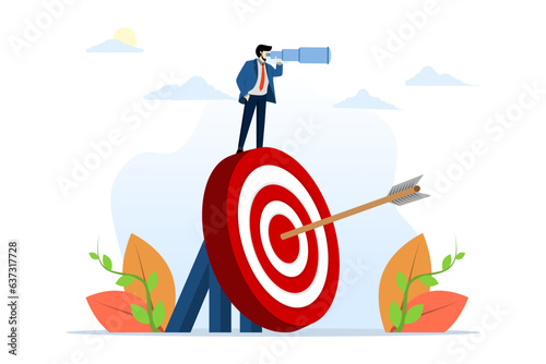 New vision or challenge concept. New goal. Binoculars entrepreneur looking for a new goal. Business victory or target achievement. Champion looks for the next mission objective or target. vector.