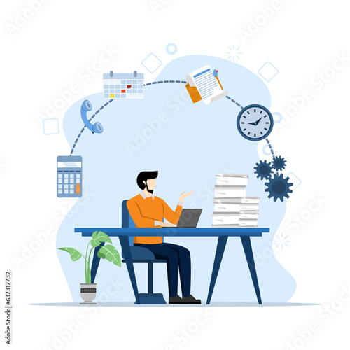 concept of administrator or work assistant, professional secretary or accountant, receptionist working by answering phone, calendar scheduler or coordinator, businessman admin working at office desk.